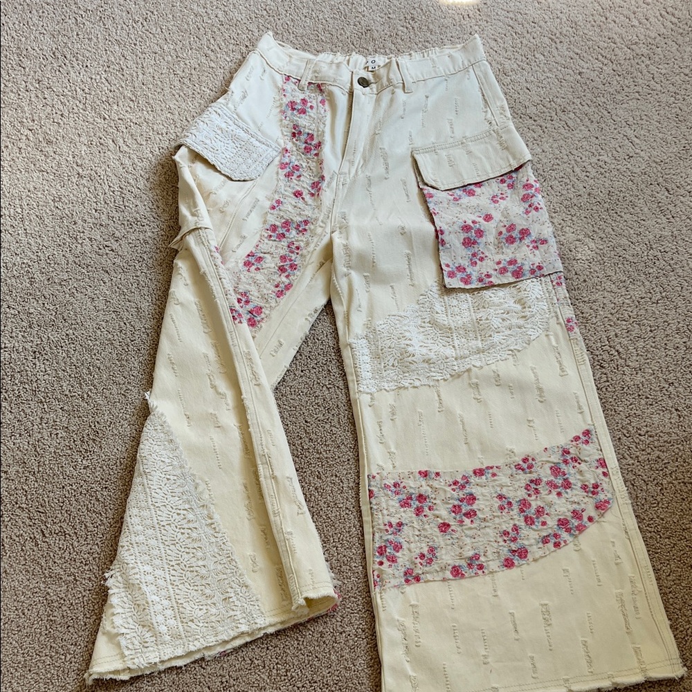 POL Cream Floral Patchwork Wide Leg Jeans